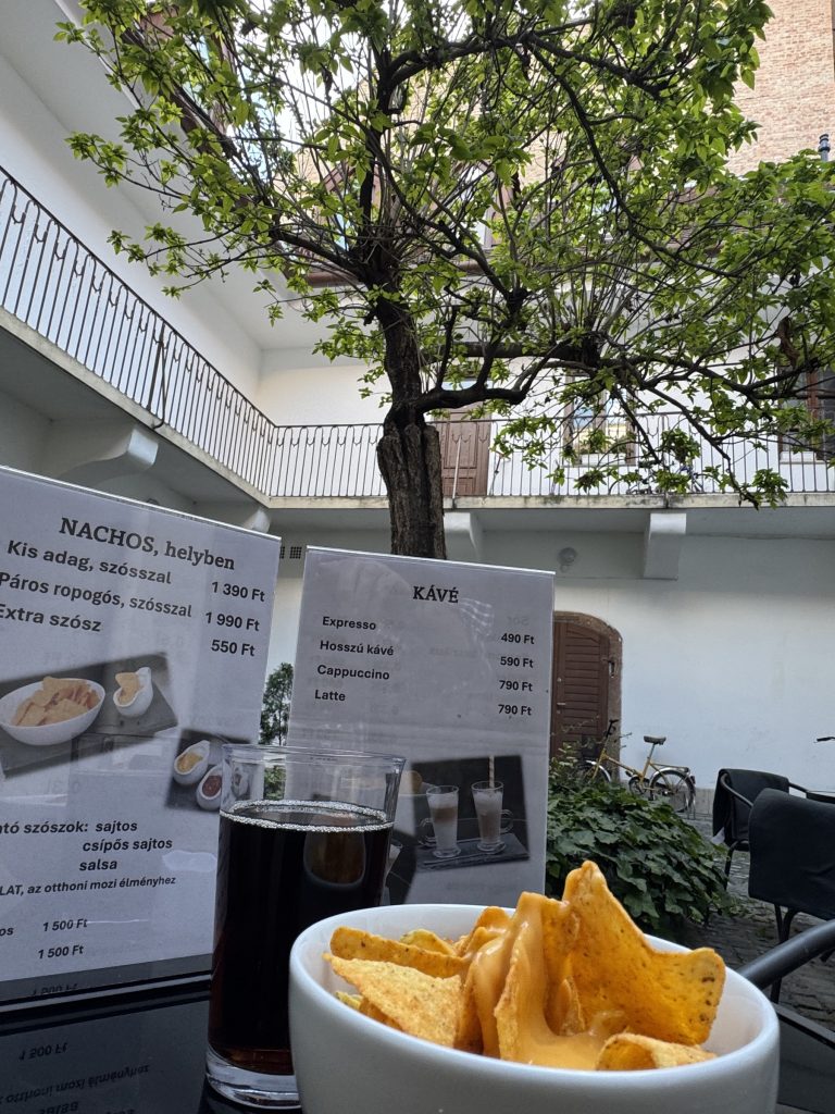 Nachos tál és üdítő az udvari asztalon